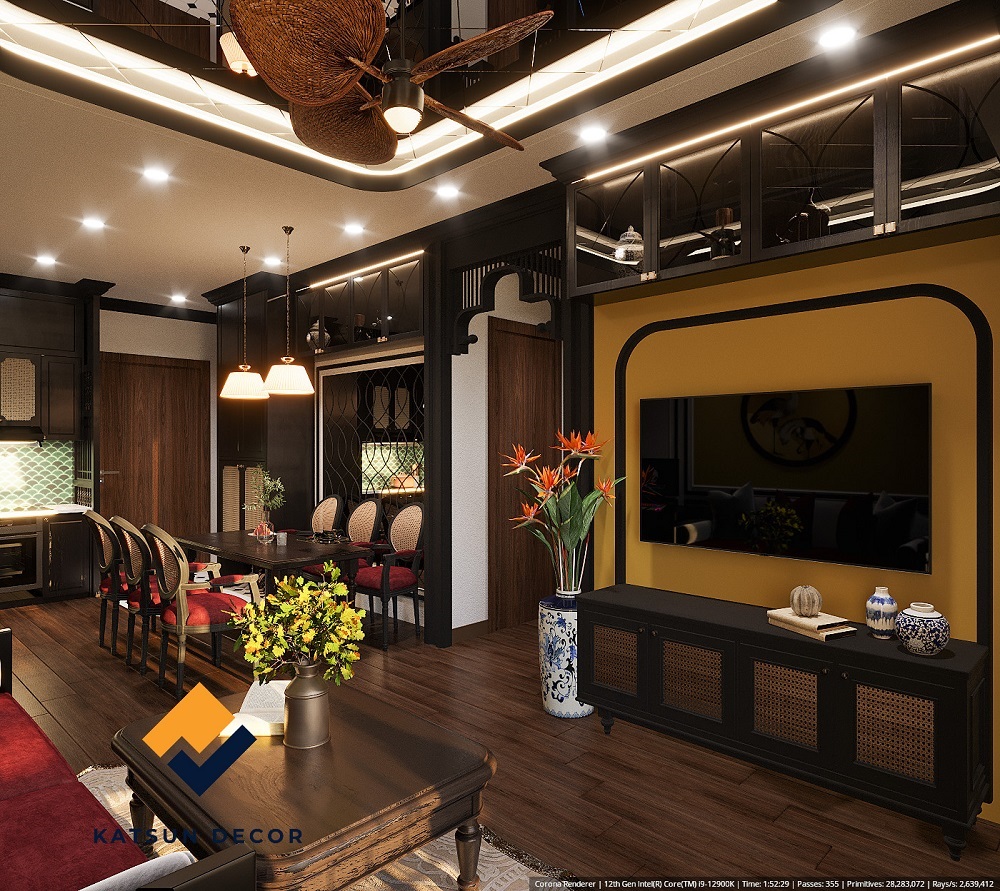 Interior design with a bed, chair, and decorative items